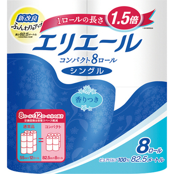 大王製紙 エリエール トイレットティシュー コンパクト シングル 芯あり 82.5m 香り付き 1セット(64ロール:8ロール×8パック)