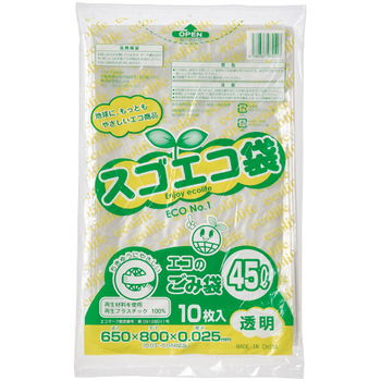 野添産業 スゴエコ袋(再生) 透明 45L 厚さ0.025mm 1パック(10枚)