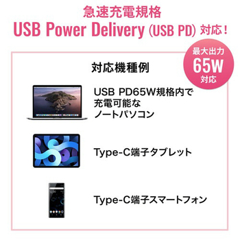 サンワサプライ USB PowerDelivery対応AC充電器 Type-Cケーブル一体型 65W ブラック ACA-PD76BK 1個