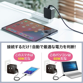 サンワサプライ USB PowerDelivery対応AC充電器 Type-Cケーブル一体型 65W ブラック ACA-PD76BK 1個