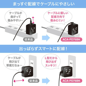 サンワサプライ USB PowerDelivery対応AC充電器 Type-Cケーブル一体型 65W ブラック ACA-PD76BK 1個