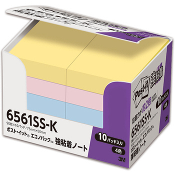 3M ポスト・イット 強粘着 エコノパック ノート 75×50mm パステルカラー 4色混色 6561SS-K 1パック(10冊)