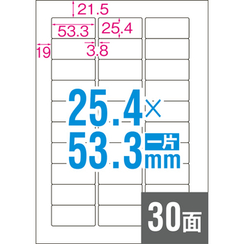 エーワン ラベルシール[レーザープリンタ] 水に強いタイプ マット紙・ホワイト A4 30面 53.3×25.4mm 31375 1冊(20シート)