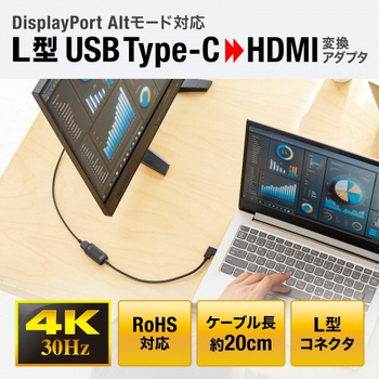サンワサプライ USB TypeC(L型)-HDMI変換アダプタ(4K/30Hz) AD-ALCHD02L 1個