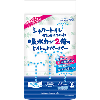 大王製紙 エリエール シャワートイレのためにつくった吸水力が2倍のトイレットペーパー ダブル 芯あり 25m 無香料 1セット(72ロール:12ロール×6パック