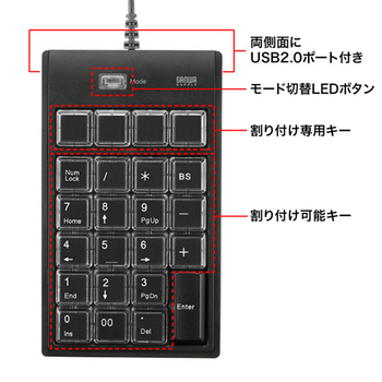 サンワサプライ プログラマブルテンキー(USB2.0ハブ2ポート付) ブラック NT-19UH2BKN2 1個