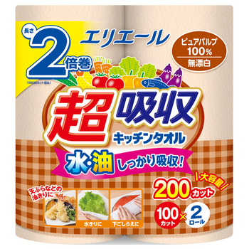 大王製紙 エリエール 超吸収キッチンタオル 無漂白 100カット/ロール 1セット(48ロール:2ロール×24パック)