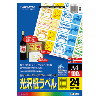 コクヨ カラーレーザー&カラーコピー用光沢紙ラベル A4 24面 31×62mm LBP-G1924 1冊(100シート)