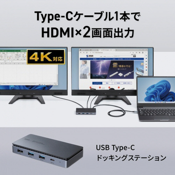 サンワサプライ USB Type-Cドッキングステーション(HDMI×2画面出力対応) USB-CVDK15 1台
