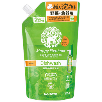 サラヤ ハッピーエレファント 野菜・食器用洗剤 オレンジ&ライム 詰替用 500mL 1個