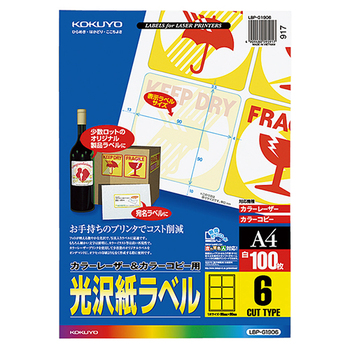 コクヨ カラーレーザー&カラーコピー用光沢紙ラベル A4 6面 90×90mm LBP-G1906 1冊(100シート)