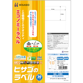 ヒサゴ エコノミーラベル A4 10面 86.4×50.8mm 四辺余白 ELM006S 1冊(30シート)