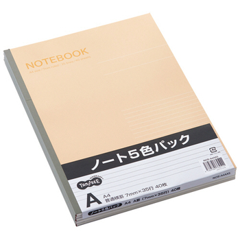 TANOSEE ノートブック A4 A罫7mm 40枚 5色パック 1パック(5冊)