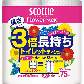 日本製紙クレシア スコッティ フラワーパック 3倍長持ち ダブル 芯あり 75m 香り付き 1パック(4ロール)