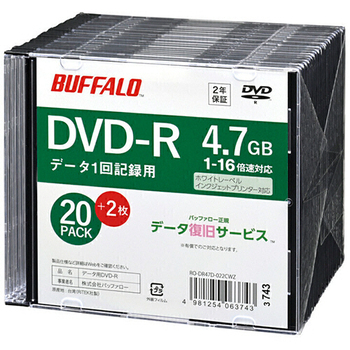 バッファロー DVD-R PCデータ用 4.7GB 16倍速 ホワイトワイドプリンタブル スリムケース 20枚+2枚 RO-DR47D-022CWZ 1パック