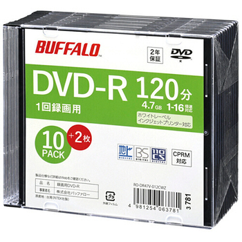 バッファロー DVD-R 録画用 120分 16倍速 ホワイトワイドプリンタブル スリムケース 10枚+2枚 RO-DR47V-012CWZ 1パック