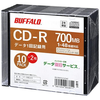 バッファロー CD-R PCデータ用 700MB 48倍速 ホワイトワイドプリンタブル スリムケース 10枚+2枚 RO-CR07D-012CWZ 1パック