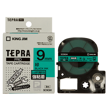 キングジム テプラ PRO テープカートリッジ 強粘着 9mm 緑/黒文字 SC9GW 1個
