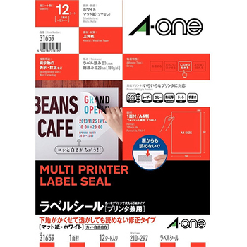 エーワン ラベルシール[プリンタ兼用] 下地がかくせて透かしても読めない修正タイプ マット紙・ホワイト A4 ノーカット 31659 1冊(12シート)