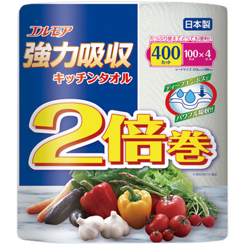カミ商事 エルモア 強力吸収キッチンタオル2倍巻 2枚重ね×100カット 1パック(4ロール)