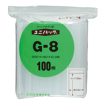 セイニチ ユニパック チャック付 ポリエチレン ヨコ140×タテ200×厚み0.08mm G-8 1パック(100枚)